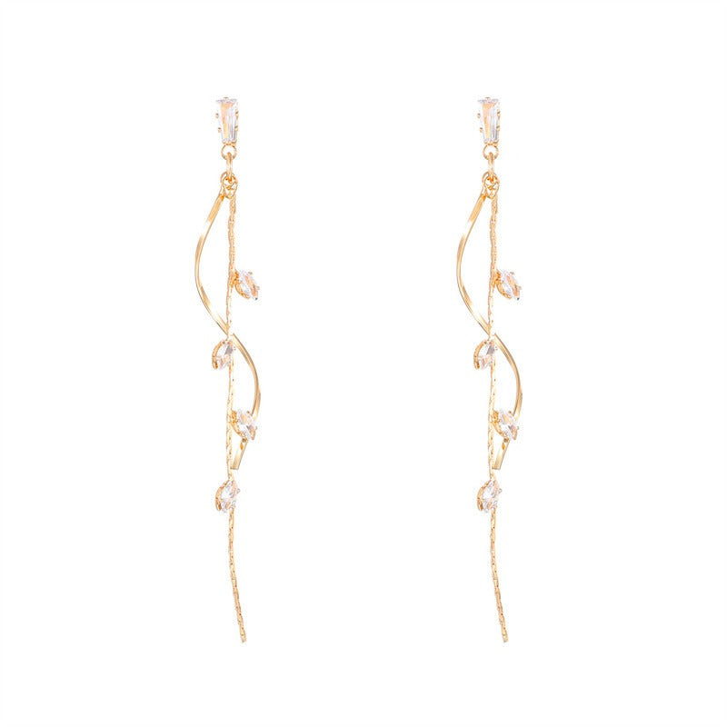 S925 Silver Vine Leaf Tassel Threader Earrings Ethereal Marquise CZ Long Drop Earrings