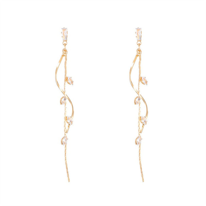 S925 Silver Vine Leaf Tassel Threader Earrings Ethereal Marquise CZ Long Drop Earrings