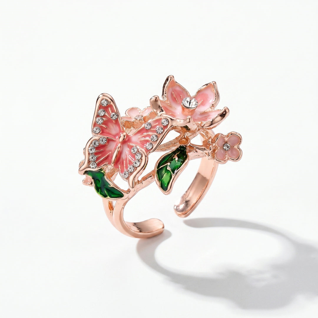 Vintage French Enamel Butterfly & Flower Open Ring