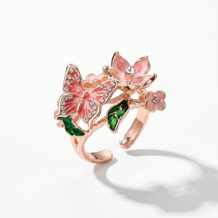 Vintage French Enamel Butterfly & Flower Open Ring
