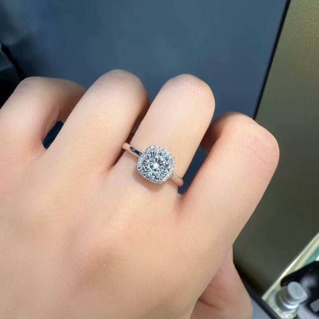 18K White Gold Pavé Band Classic Cushion Halo Engagement Ring