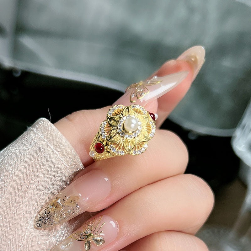 Vintage 18K Gold Plated Pearl & Ruby Floral Open Ring
