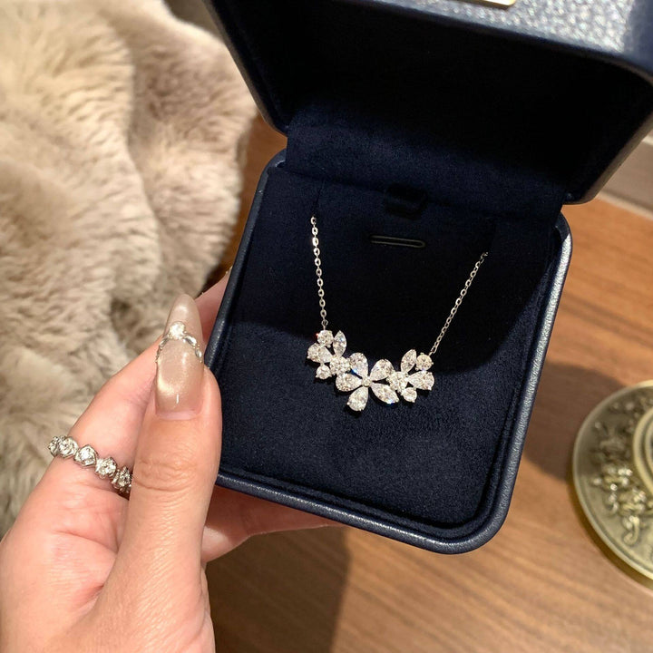 S925 Silver French Floral Cluster Necklace Marquise & Pear Cut CZ Statement Chain