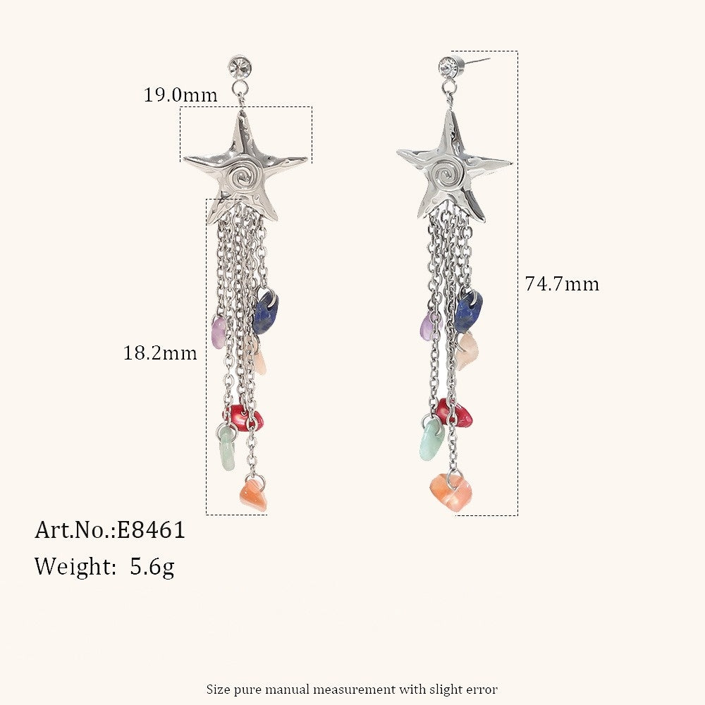 S925 Sterling Silver Starfish Natural Stone Tassel Earrings 18K Gold Bohemian Colorful Gemstone Dangle Earrings