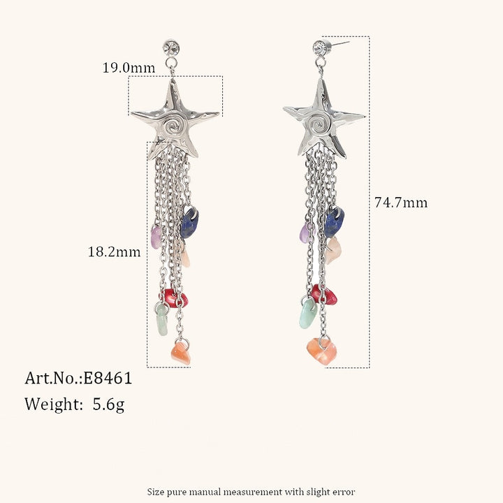 S925 Sterling Silver Starfish Natural Stone Tassel Earrings 18K Gold Bohemian Colorful Gemstone Dangle Earrings