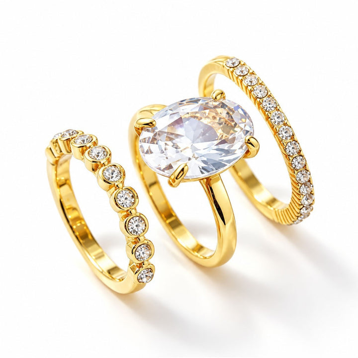 S925 Sterling Silver Oval Solitaire & Pavé Eternity Band 3-Piece Stacking Ring Set