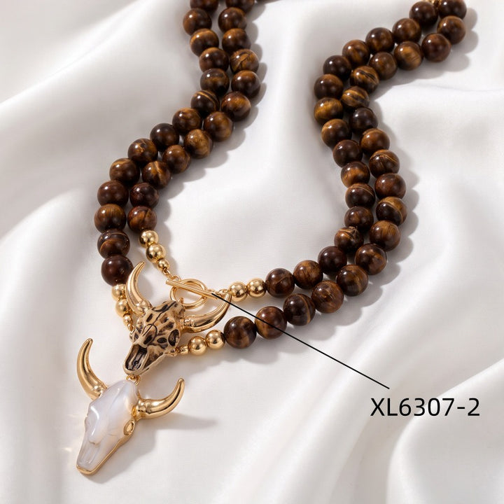 Vintage Western Cow Skull Beaded Necklace | Boho Tiger's Eye Chunky Statement Chain