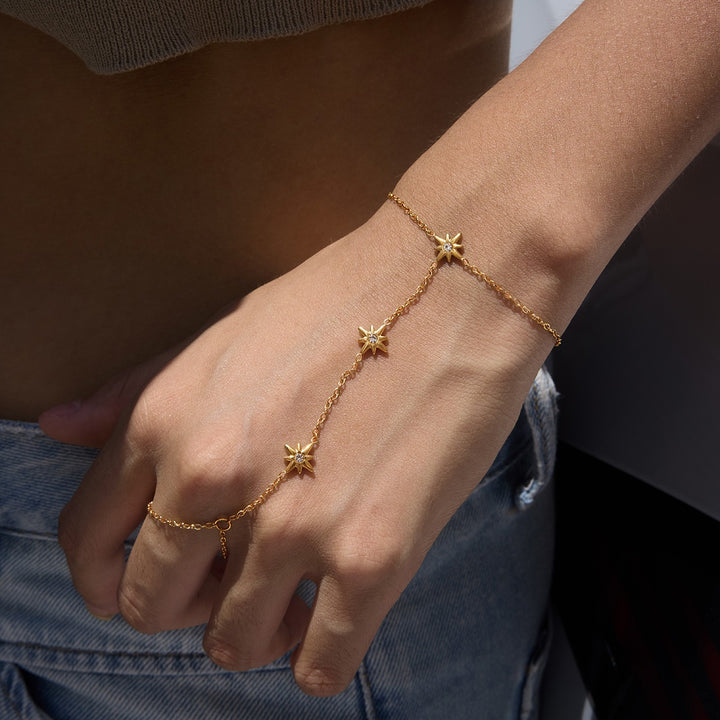 18K Gold Waterproof Stainless Steel Rings & Finger Bracelet Set