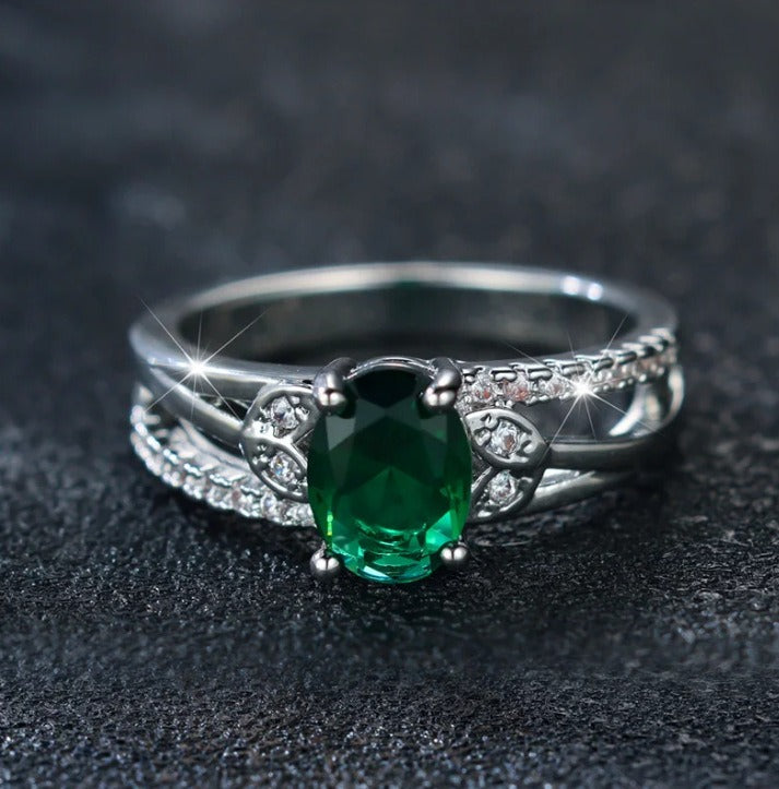 Vintage Leaf Oval Gemstone Double Band Ring