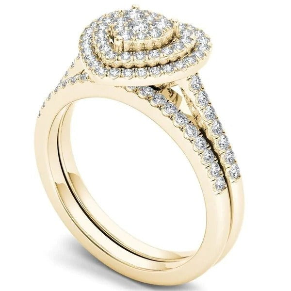 Double Halo Heart Bridal Ring Set