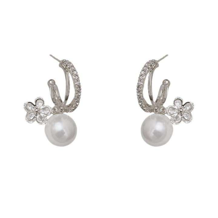 S925 Sterling Silver Flower Pearl Hoop Earrings