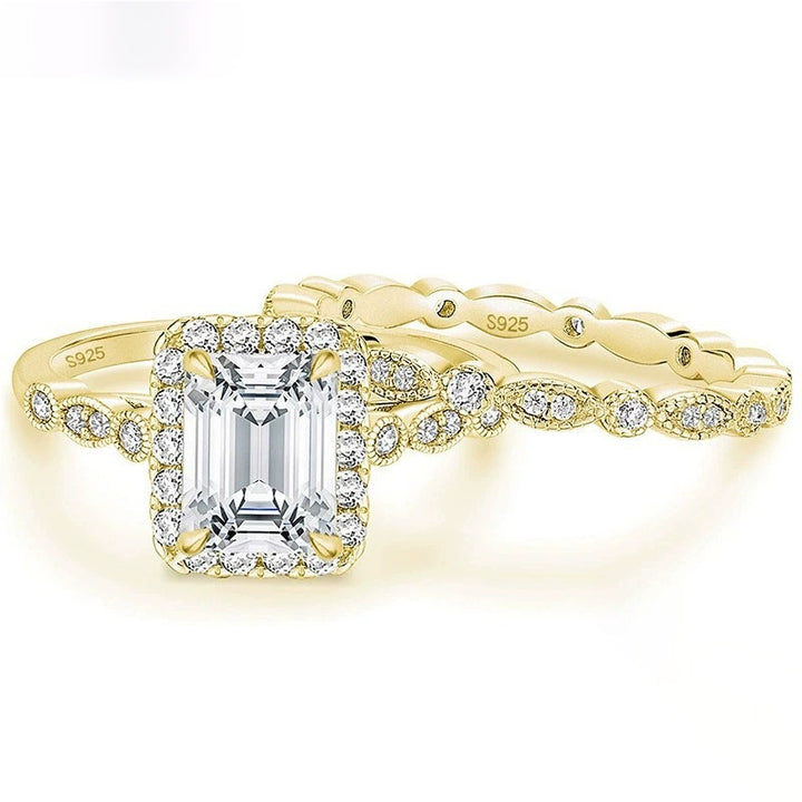 「Vintage Emerald Cut」18K Gold/Platinum Stackable Bridal Ring Set
