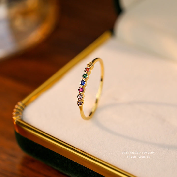 Rainbow Glimmer S925 Sterling Silver Minimalist Rainbow Band Ring