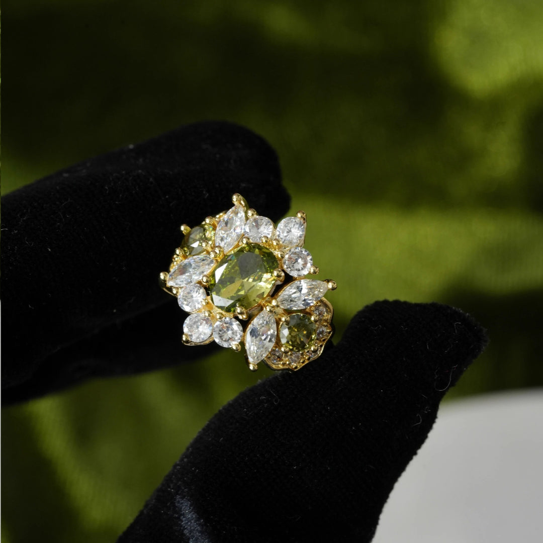 18K Gold Plated Olive Green Gemstone Ring Set of 2