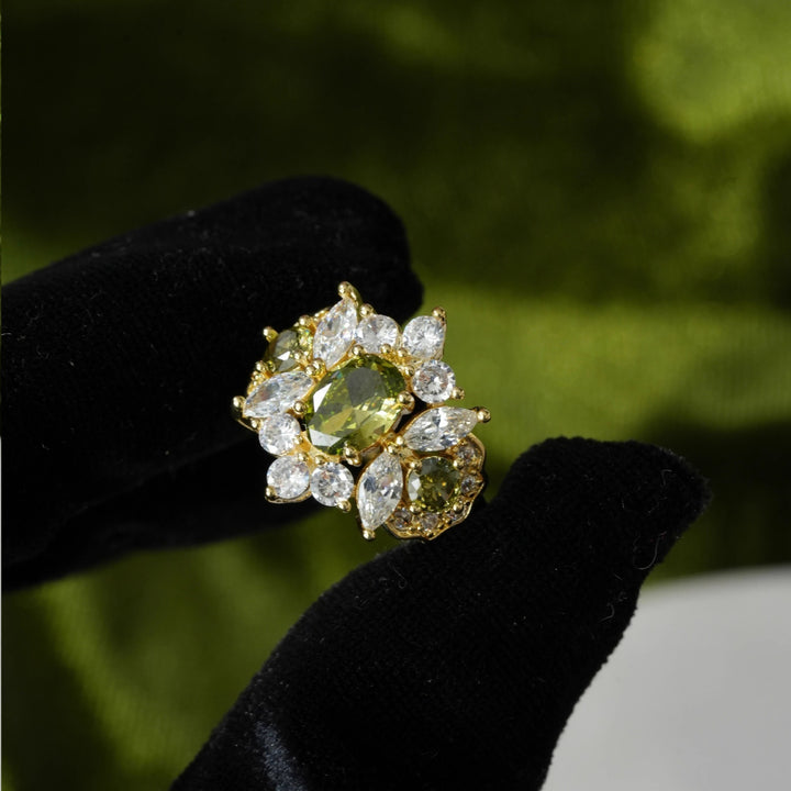 18K Gold Plated Olive Green Gemstone Ring Set of 2