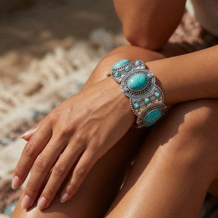 Vintage Bohemian Tribal Engraved Natural Stone Wide Cuff Bracelet