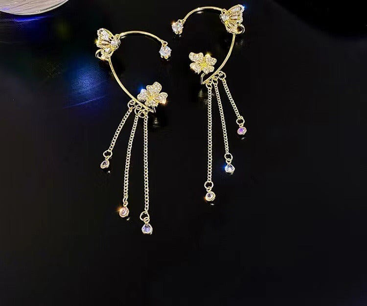 S925 Sterling Silver Butterfly Flower CZ Tassel Ear Climber Cuff