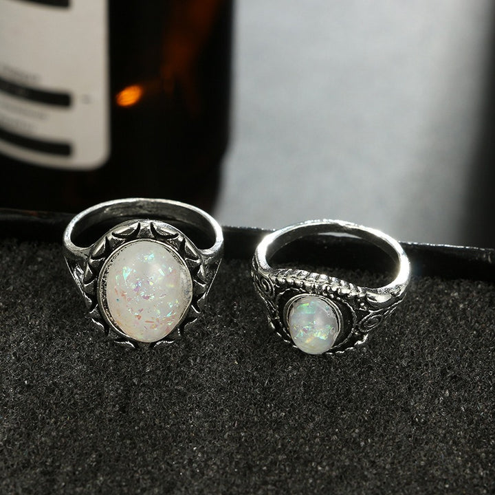 S925 Sterling Silver 7Pcs Vintage Carved Opal Ring Set
