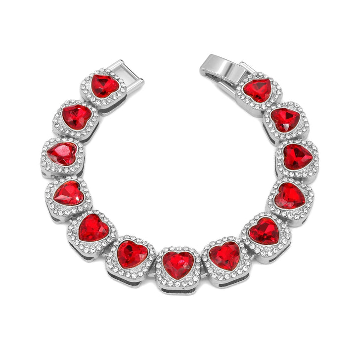 14K Gold / Silver Red Heart Halo Tennis Bracelet