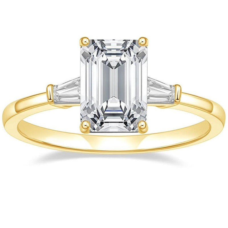 S925 Sterling Silver Emerald Cut Three-Stone Moissanite Ring
