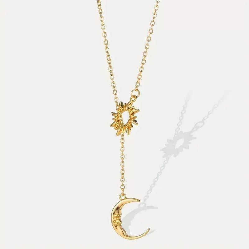 14K Gold Plated Lariat Sun Moon Necklace