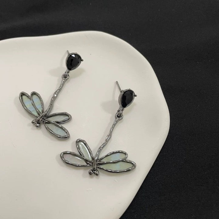 Blackened Silver Double-Chain Dragonfly Iridescent Necklace Earrings Set
