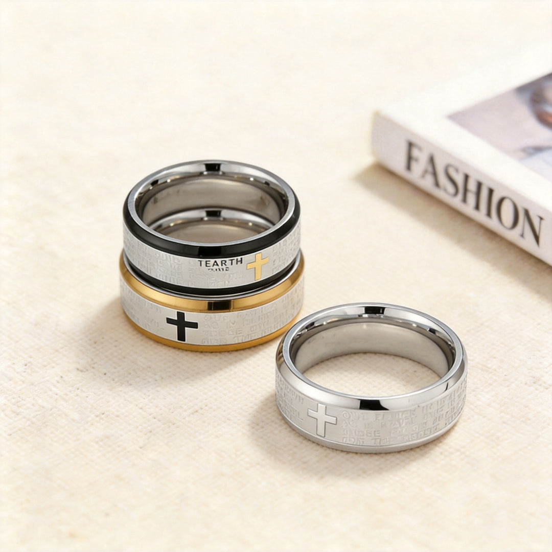 Stainless Steel Two-Tone Lord's Prayer Cross Wide Band Ring