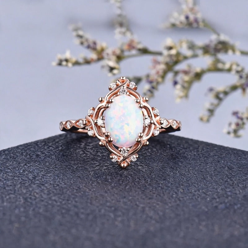 S925 Sterling Silver Natural Opal Vintage Lace Ring