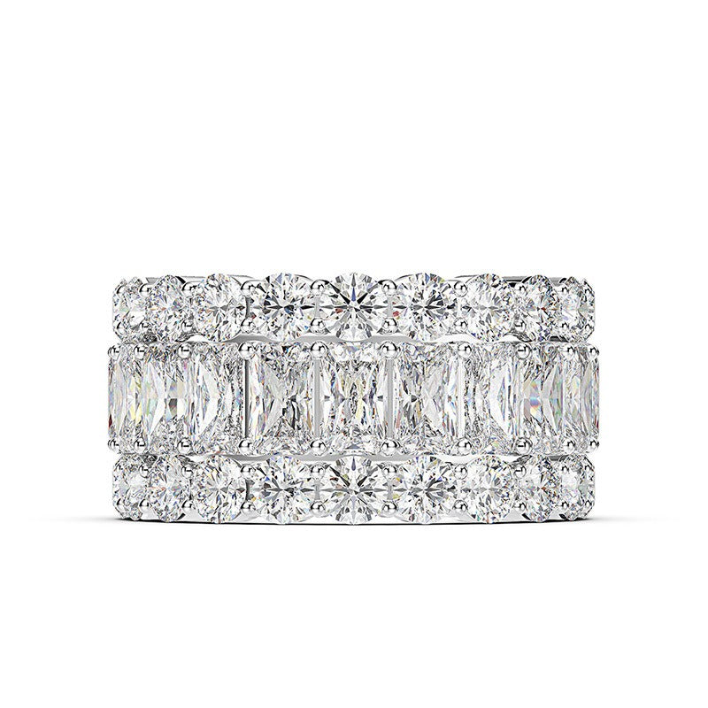 S925 Sterling Silver Triple-Layer Geometric Pavé Wide Band Ring