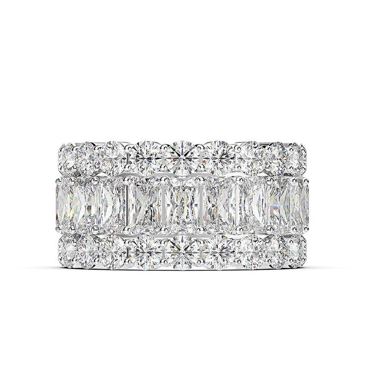 S925 Sterling Silver Triple-Layer Geometric Pavé Wide Band Ring
