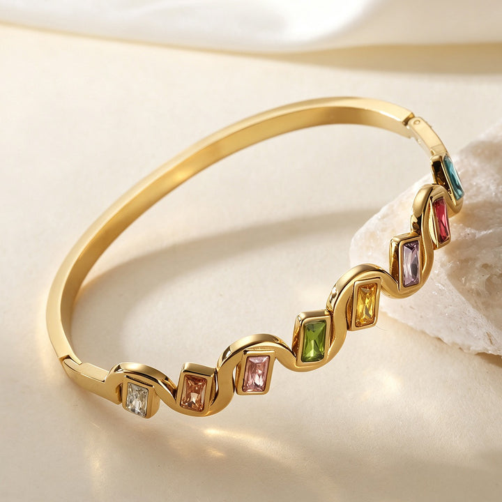 Rainbow Rhythm Geometric Wave Bezel-Set Baguette Bangle