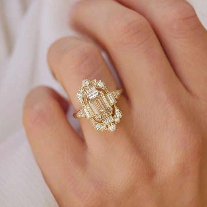 Vintage Art Deco · 14K Gold Plated Emerald-Cut Halo Ring