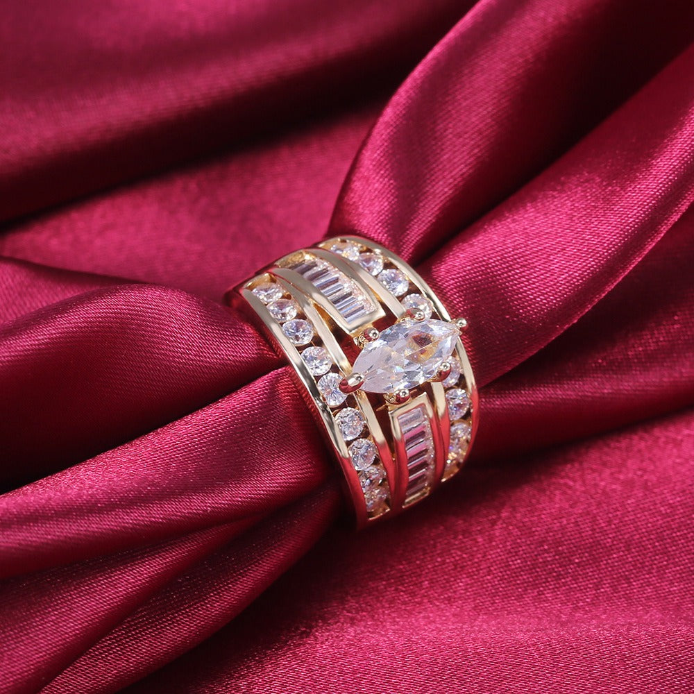 Triple Row Radiance 18K Gold Marquise Diamond Wide Band Ring Luxurious Coronation at Your Fingertips