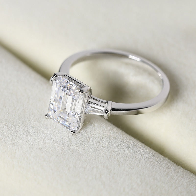 S925 Sterling Silver Emerald Cut Three-Stone Moissanite Ring
