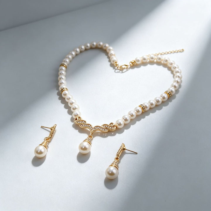 French Vintage Pearl Necklace & Earrings Set