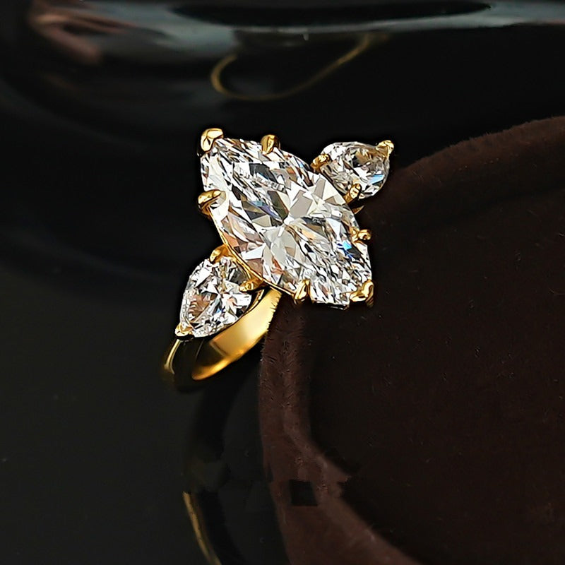 S925 Sterling Silver Classic Three-Stone Marquise Ring Vintage Elegant Engagement Ring