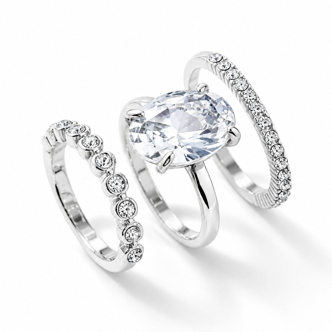 S925 Sterling Silver Oval Solitaire & Pavé Eternity Band 3-Piece Stacking Ring Set