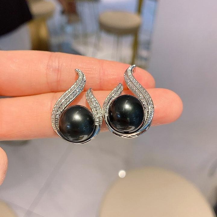 Silver Black Pearl & Pavé Streamline Necklace and Earrings Set