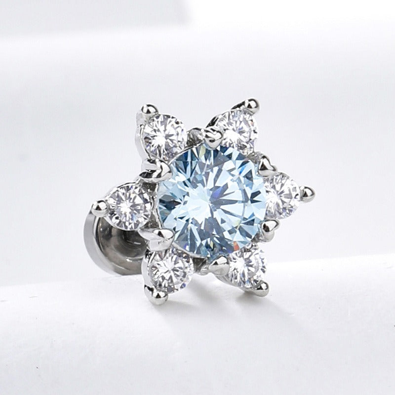S925 Silver Snowflake Six-Pointed Star CZ Stud Earrings Elegant Icy Blue/White Dainty Earrings