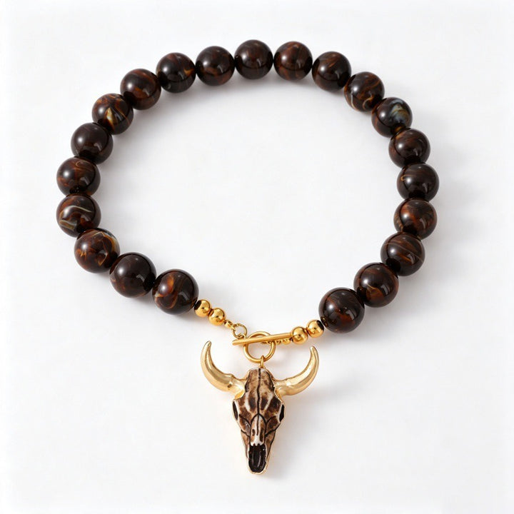 Vintage Western Cow Skull Beaded Necklace | Boho Tiger's Eye Chunky Statement Chain