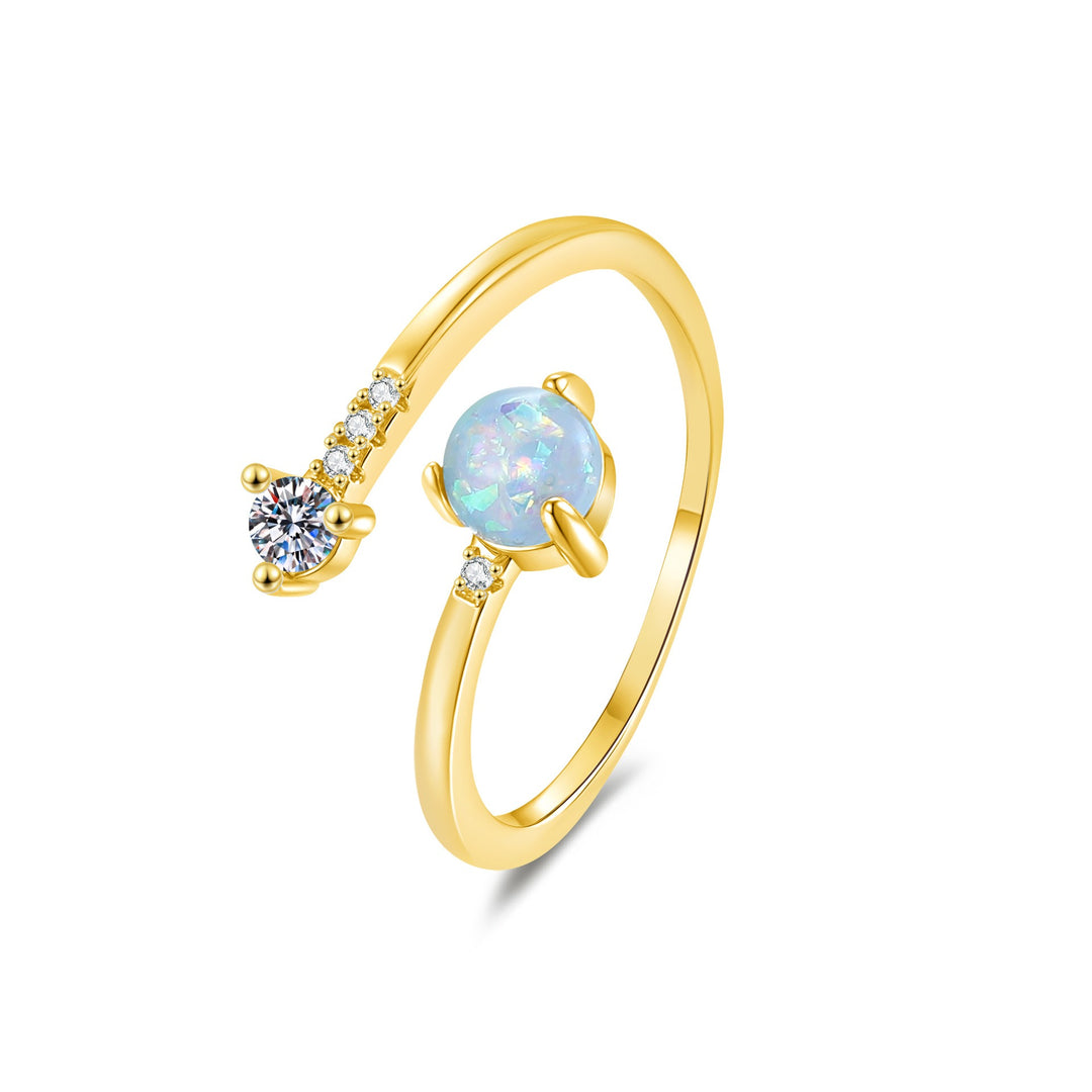 S925 Sterling Silver Iridescent Opal & Solitaire Asymmetrical Open Ring