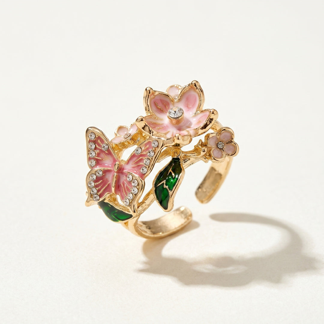 Vintage French Enamel Butterfly & Flower Open Ring