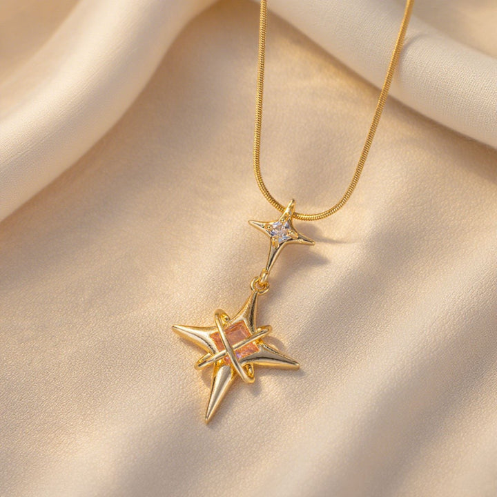 S925 Sterling Silver Double Star Pink Crystal Necklace