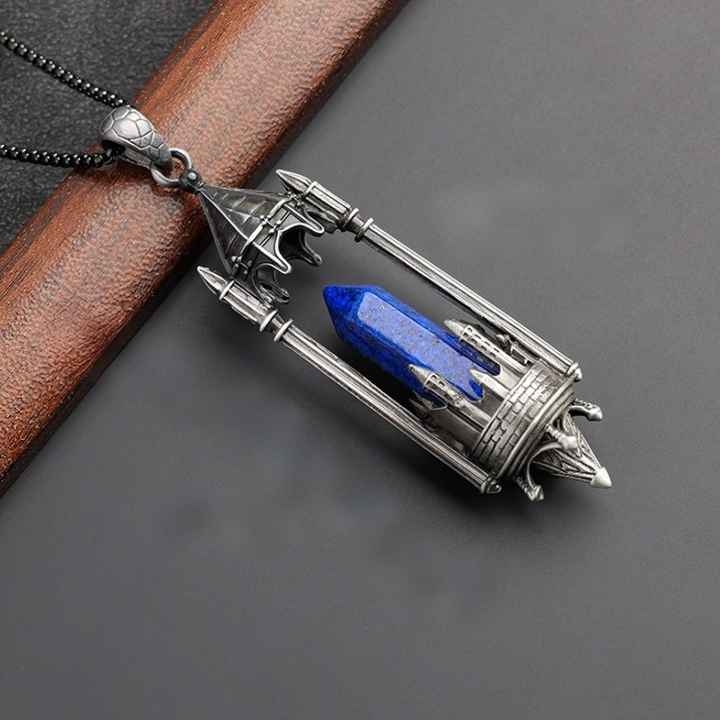 Gothic Boundary Guardian Natural Crystal Point Castle Pendant Necklace