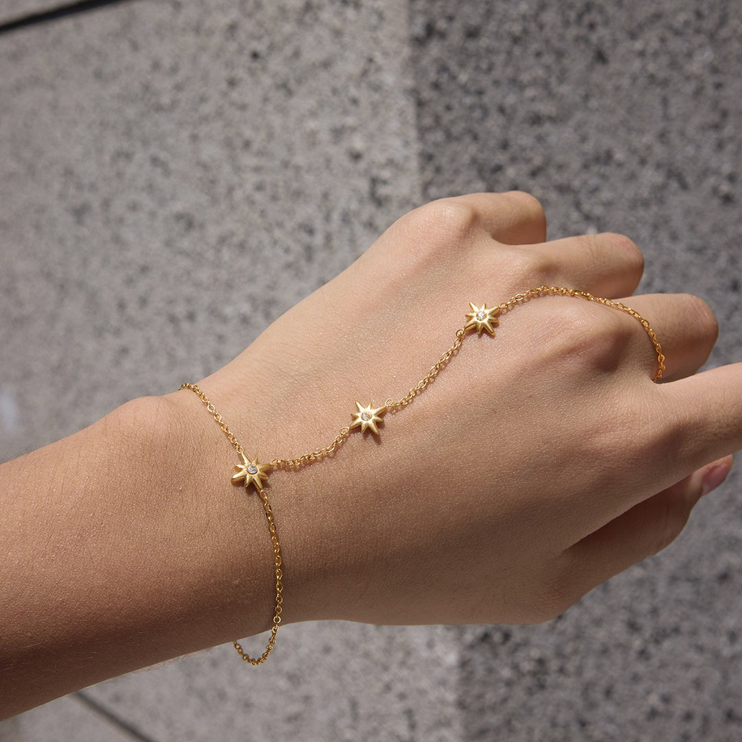18K Gold Waterproof Stainless Steel Rings & Finger Bracelet Set