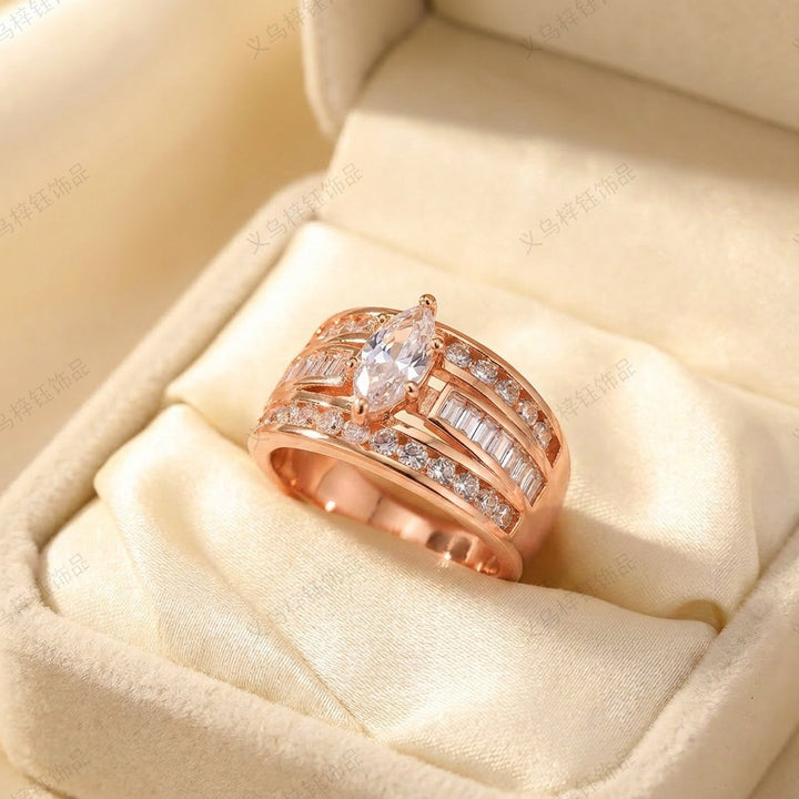 Vintage Wide Marquise Statement Mixed-Cut Pave Bands Ring