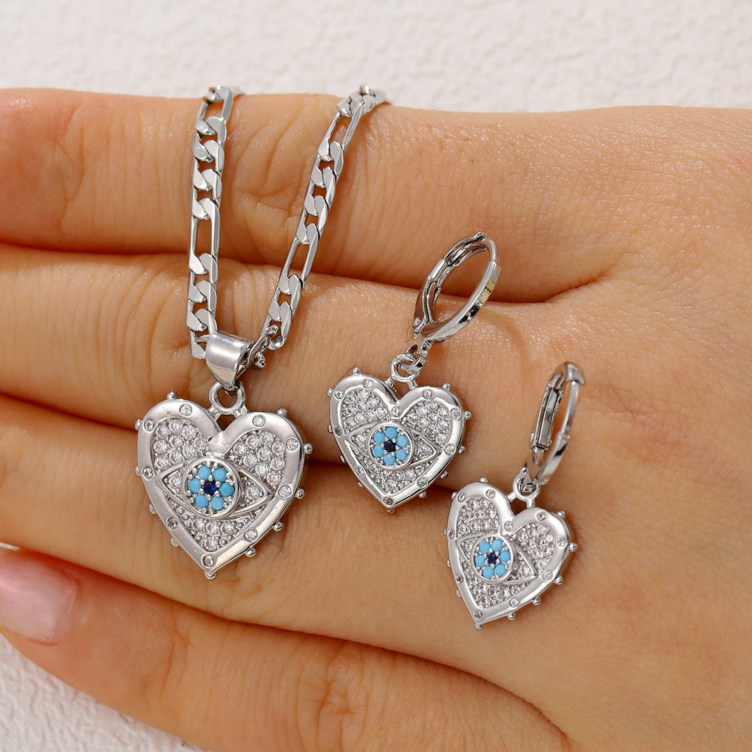 Evil Eye Guardian Heart Pave Diamond Necklace Earrings Set