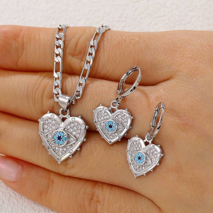 Evil Eye Guardian Heart Pave Diamond Necklace Earrings Set