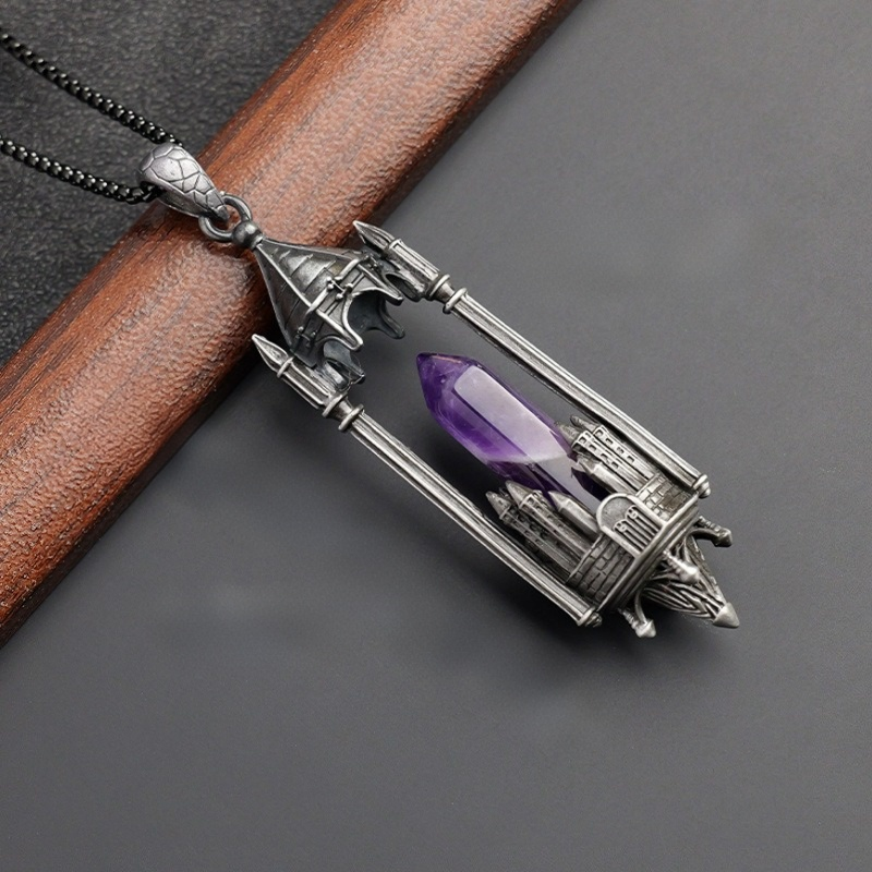 Gothic Boundary Guardian Natural Crystal Point Castle Pendant Necklace