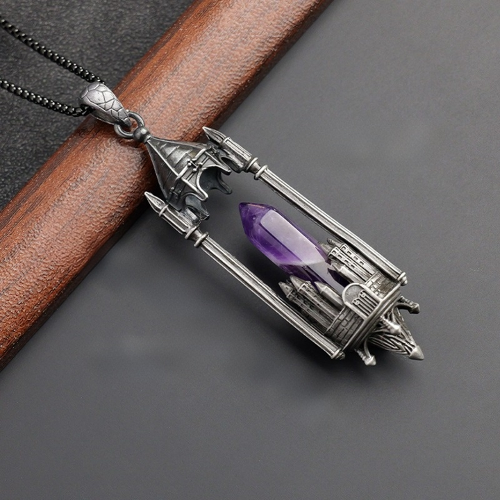 Gothic Boundary Guardian Natural Crystal Point Castle Pendant Necklace